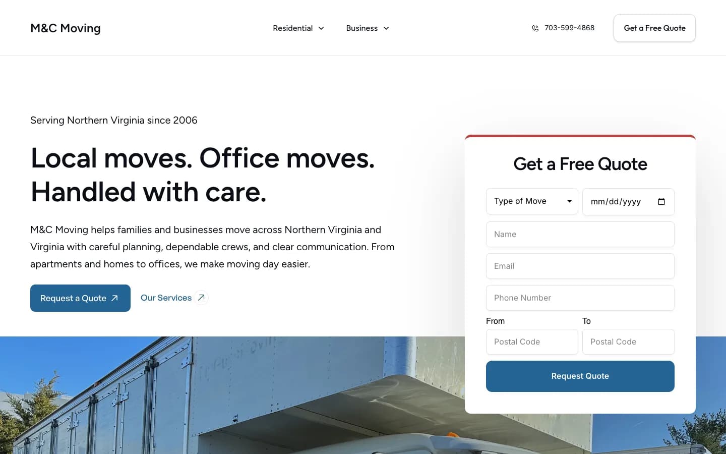 The M&C Moving website's home page on a desktop screen