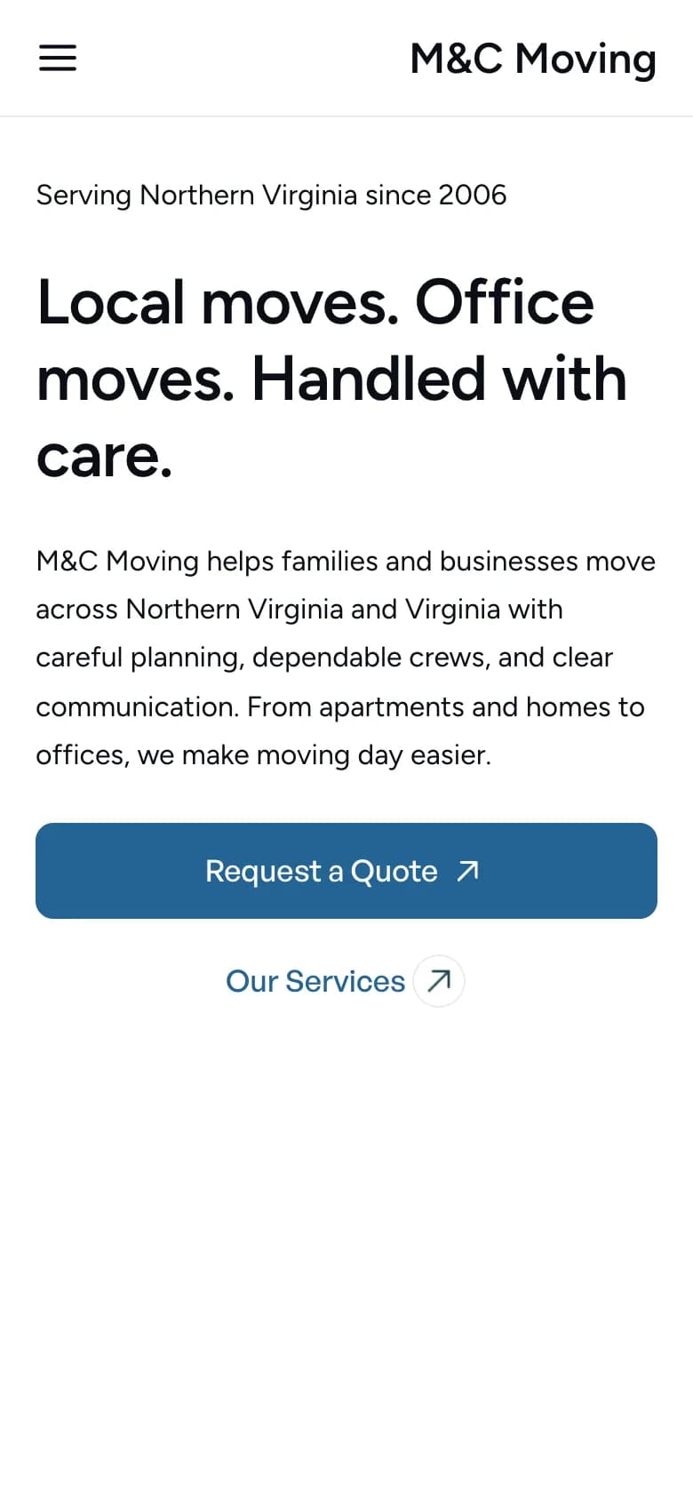 The M&C Moving website on a phone