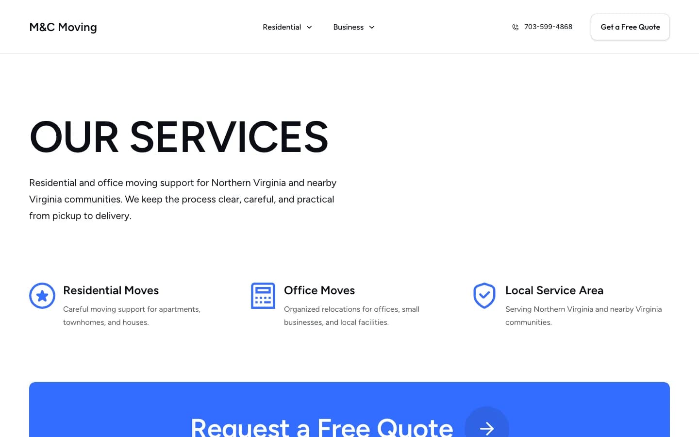 The M&C Moving services page