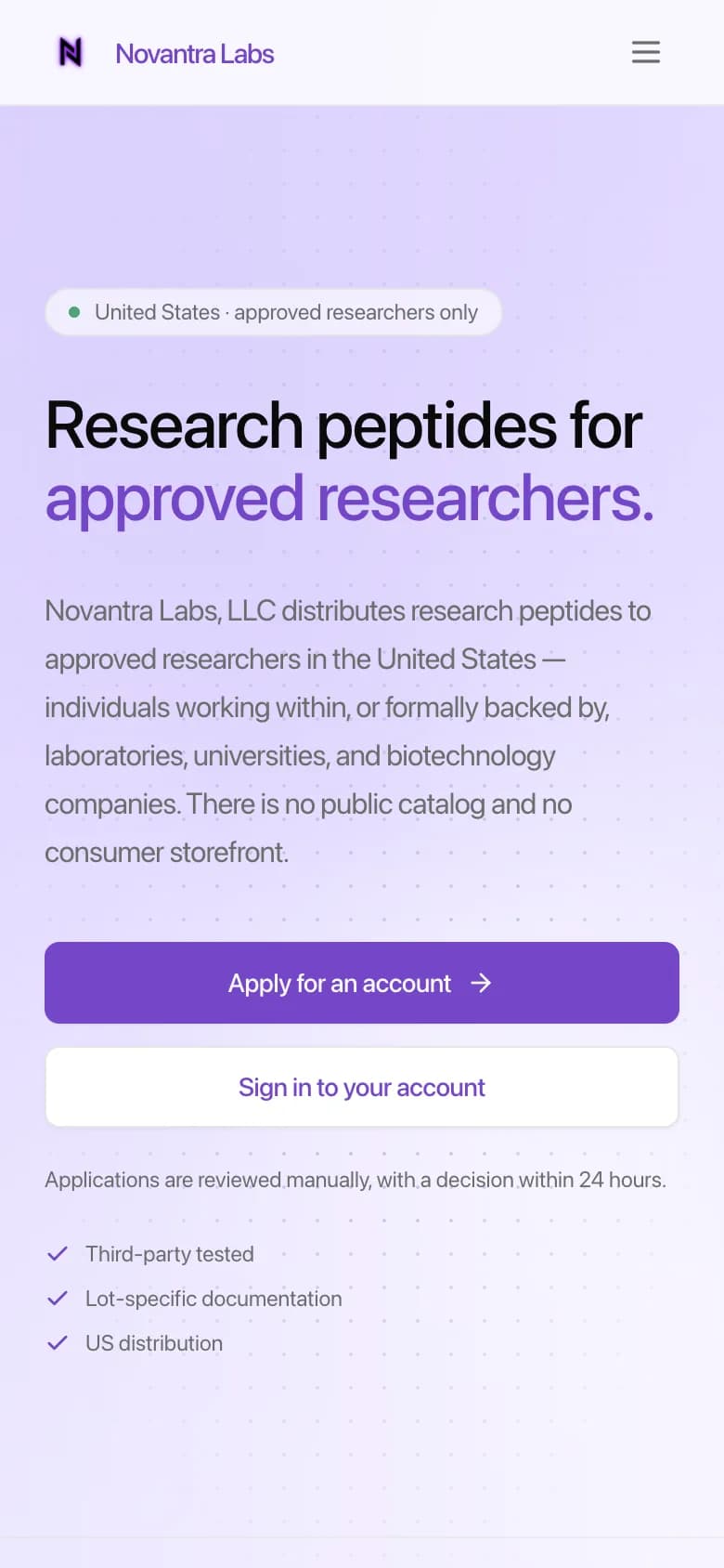 The Novantra Labs website on a phone