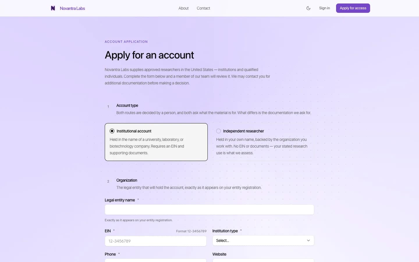 The Novantra Labs account application form