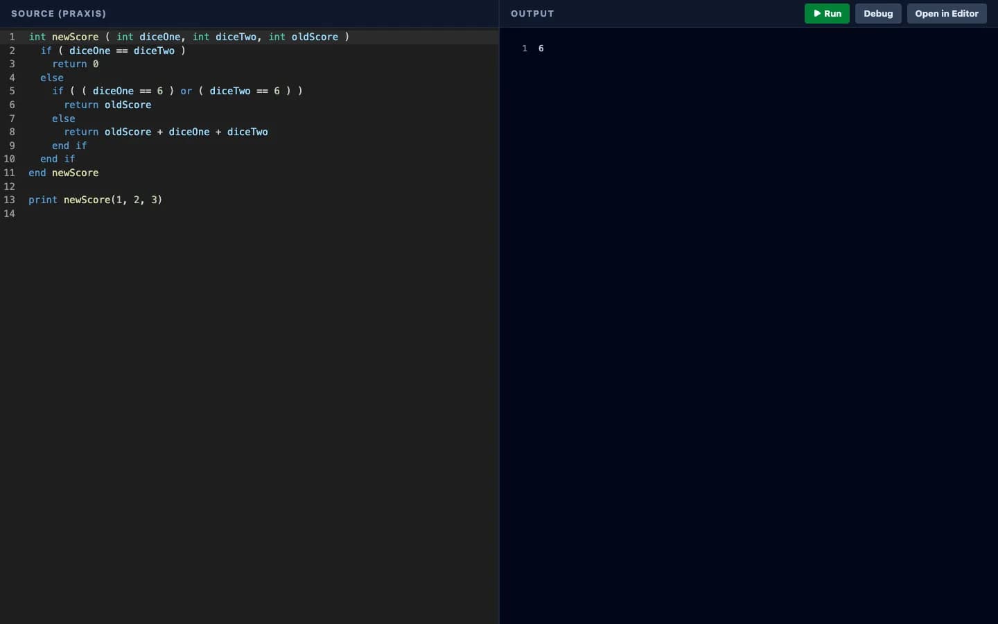 The Praxly 2.0 code editor, with its language sidebar, console and AI assistant panel